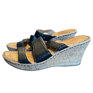 BORN Marjorie Strappy Cork Platform Wedge Sandals/Slides Sz 8 Black Leather